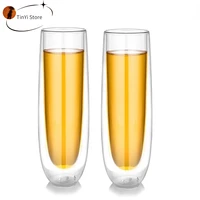 150ml double wall heat resist champagne glasses set glass cup stemless sparkling wine glasses transparent wine flute for wedding