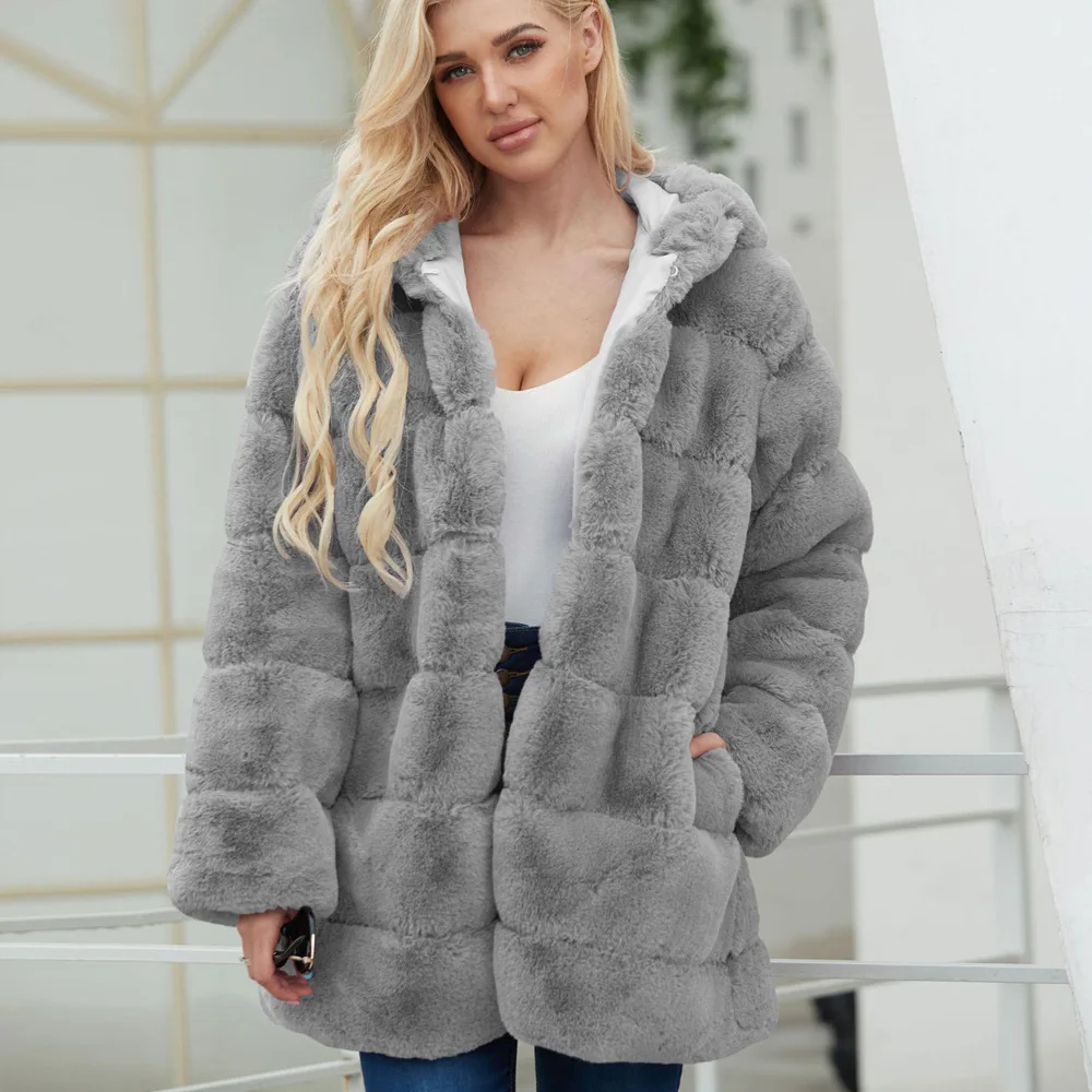 Women's Leather Fur Coat Hooded Long Faux Fur Coat Women's Faux Fur Coat