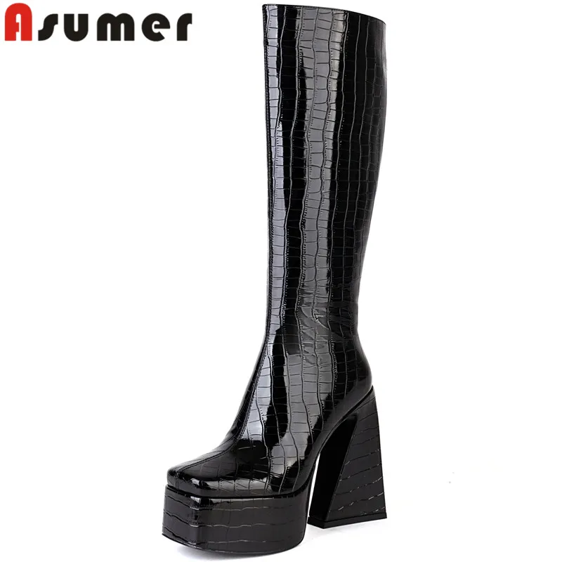 

ASUMER 2023 Size 34-43 New Patent Leather Boots Woman Zipper Thick High Heels Shoes Winter Ladies Knee High Boots
