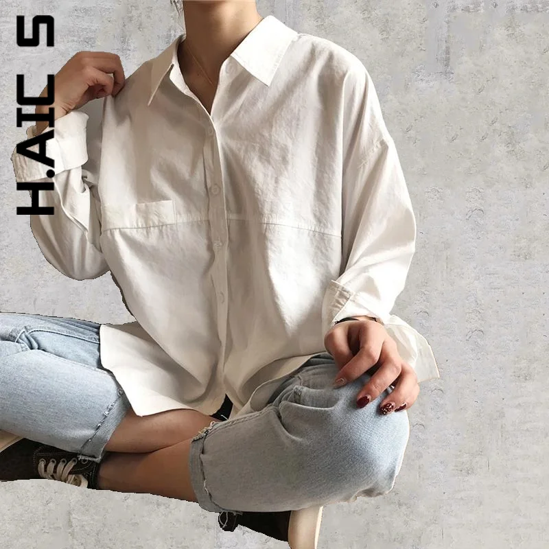 

H.Aic S New Women Shirt Elegant Simple Korean Style Top Turn-down Collar Solid Minimalist Shirts Basic Vintage Female Blouses