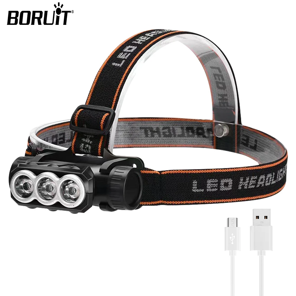 BORUiT 3LED Headlamp 18650 Battery 3 Mode Light Outdoor Waterproof Head Flashlight For Camping Fishing Nigt Emergency Lamp