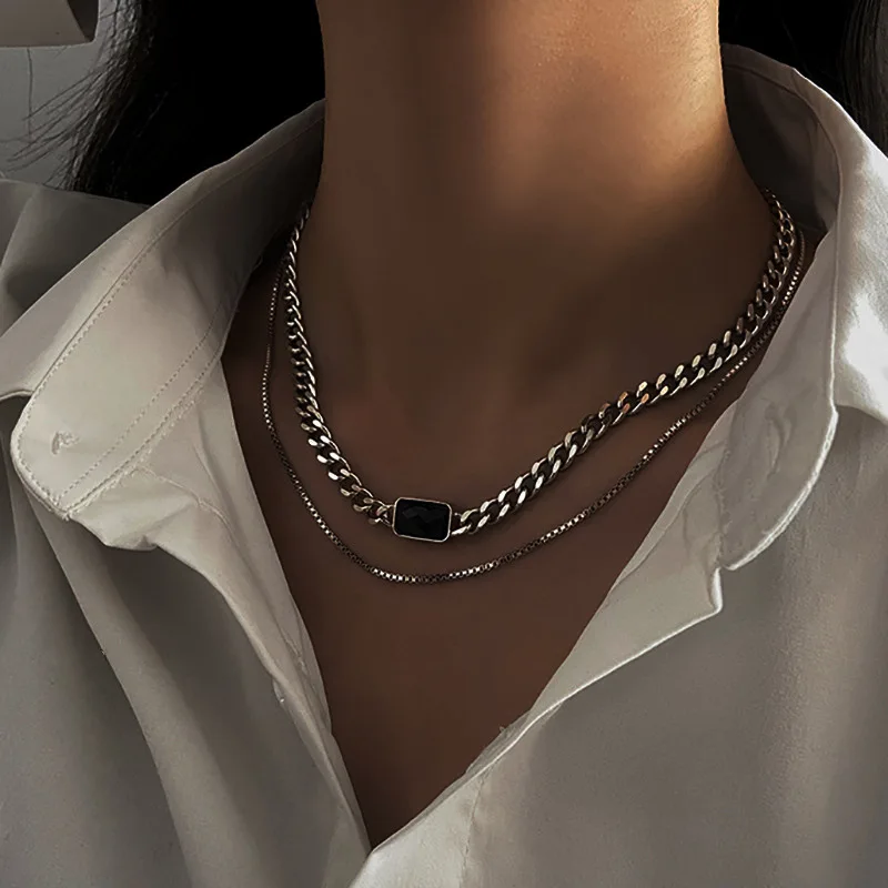 

2021 Simple Multi-layer Thick Chain Square Obsidian Pendant Necklace For Women Punk Rock Curb Cuban Link Choker Hip Hop Jewelry
