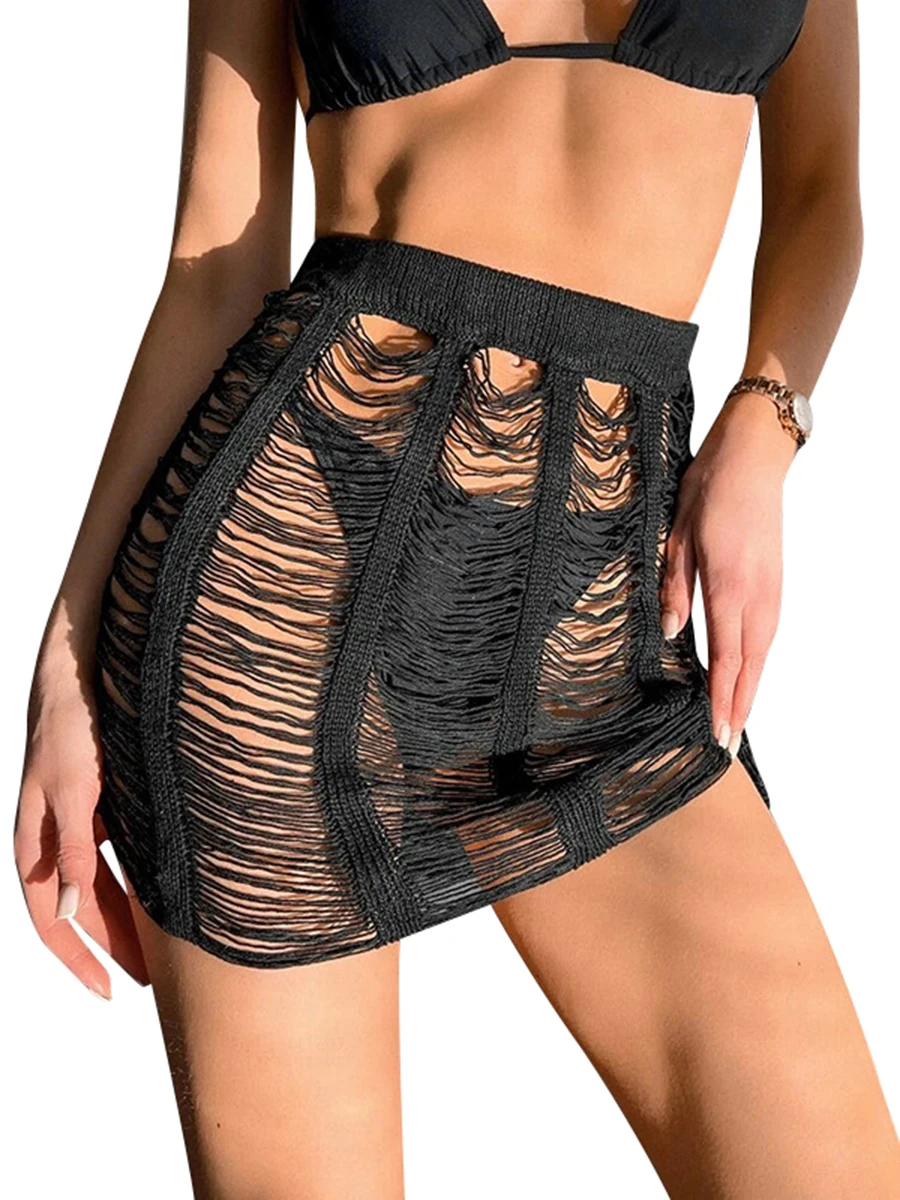 

Женская накидка на купальник, летние мини-юбки с высокой талией, однотонные ажурные пляжные мини-юбки, накидки на бикини