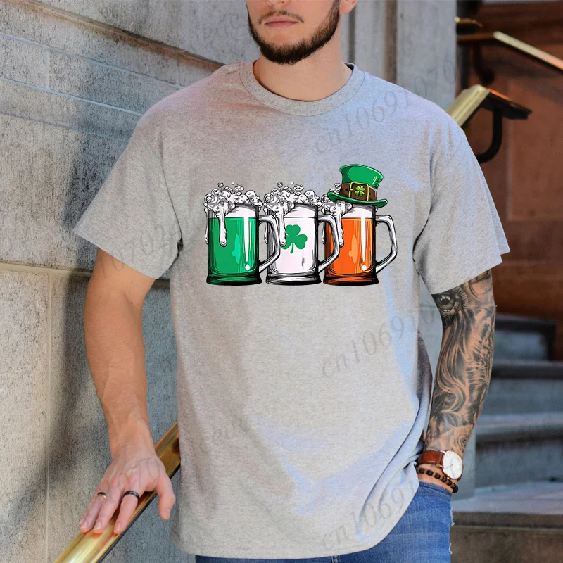St Patrick's Day Men's T-Shirt Irish Beer Ireland Flag Print Unisex Oversized Tee Leprechaun Graphic Top Green White Party Wear