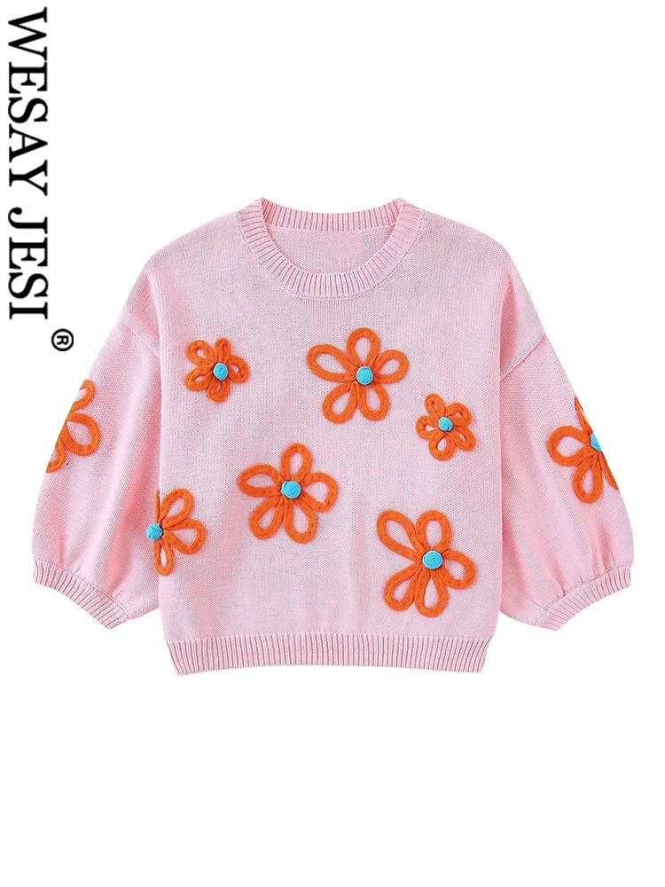 

WESAY JESI Elegant Women's Pullover Sweater Pink Sweet And Cute Applique Flower Puff Sleeves Chic Skin-Friendly Short Knit Top