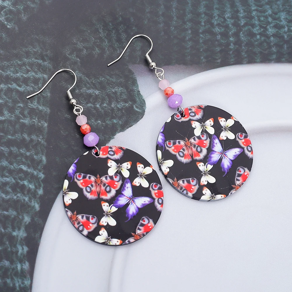 Новые модные круглые черные акриловые висячие серьги с принтом бабочки Relievo для