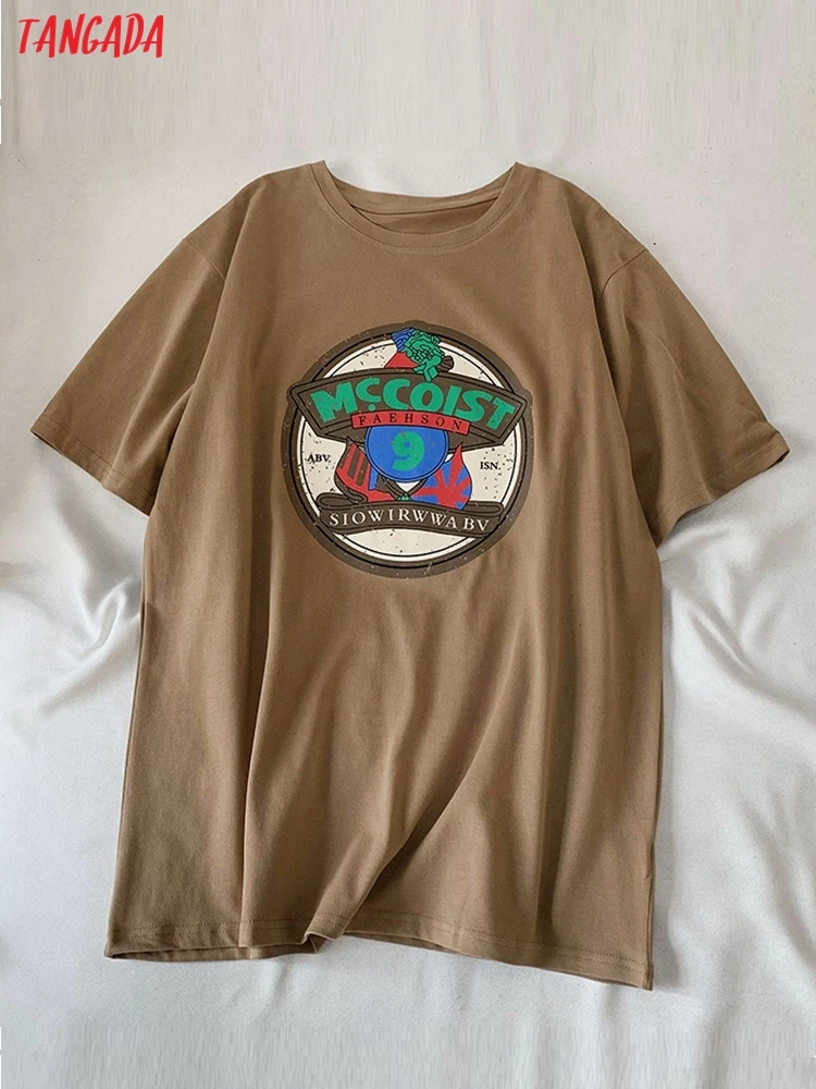 

Tangada 2022 Women Print Oversized Khaki Cotton T Shirt Short Sleeve O Neck Tees Boyfriend Style Top XLJ15