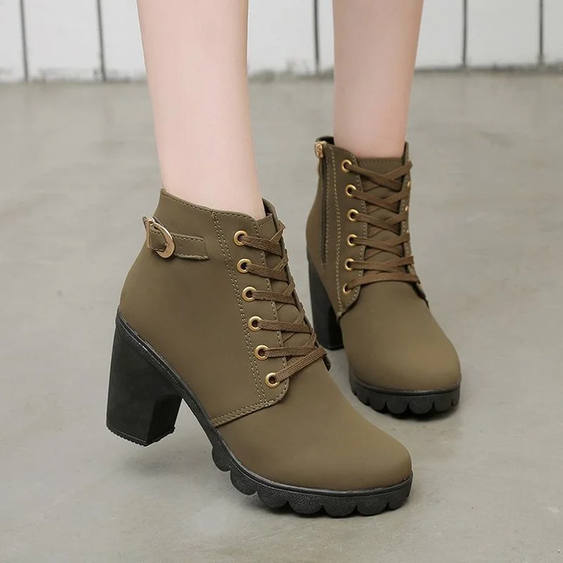 

Ankle Boots For Women New Elegant Square Heel Shoes Woman High Solid Vintage Lace-up Ladies Winter Platform Boots High