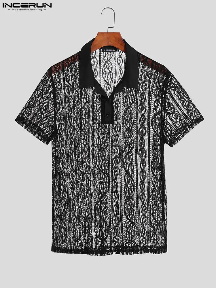 INCERUN Tops 2022 American Style New Men Lace Printing Blouse Casual Streetwear Male See-through Short Sleeve Lapel Shirts S-5XL