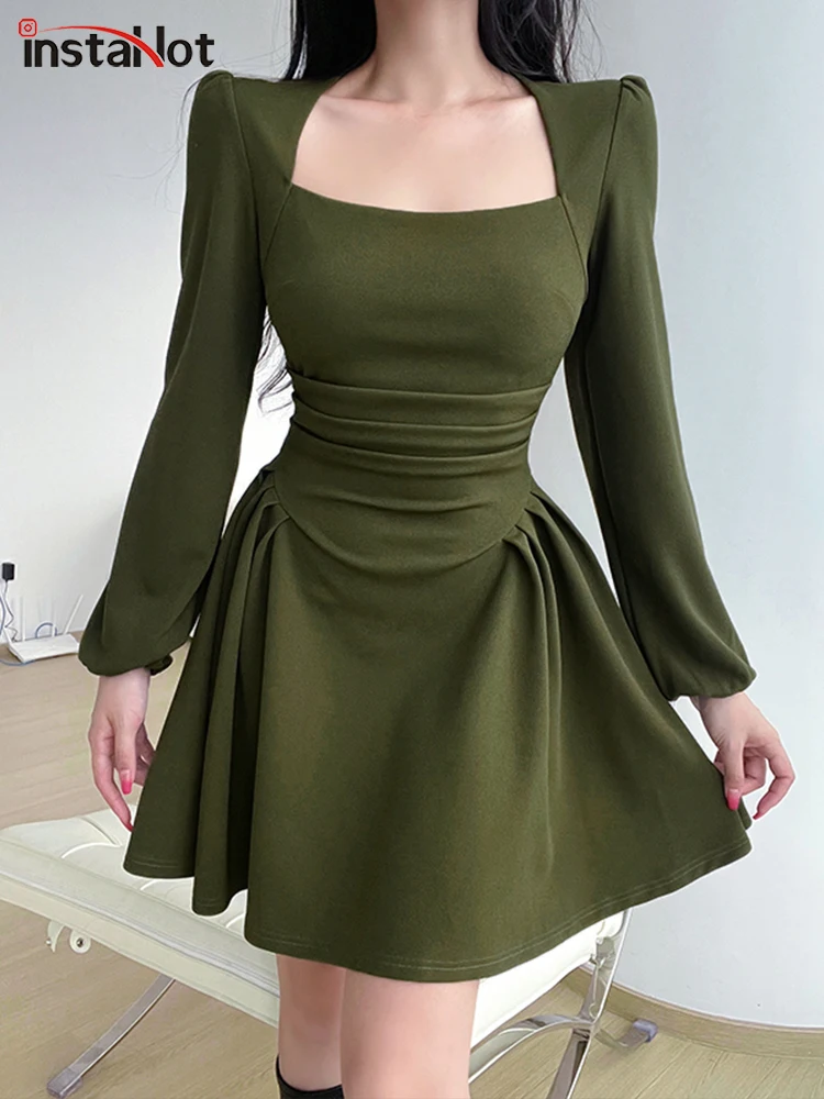 

InstaHot Square Collar Corset A Line Mini Dress Women Folds Puff Sleeve Chic Slim Elegant Casual Female Solid Dresses Fashion