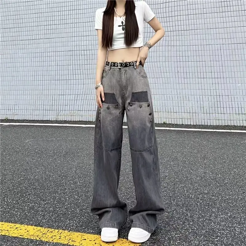 

New Retro Gradient Women Denim Trousers Y2K High Street Washed Fashionable Pants Loose Casual Solid Straight Leg Jeans L314
