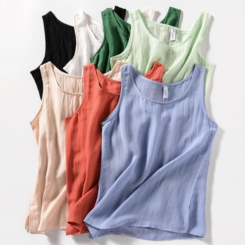 

Women Summer Fashion Cotton Linen Loose Tops Vest Sleeveless O-neck Solid Beach Tops Tanks Casual Shirt