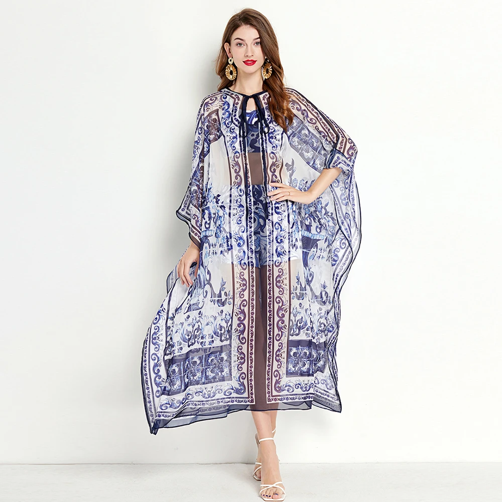 

Bohemain Style Blue And White Porcelain Printed 3 Pieces Set Women Runway Tank Crop Tops + Shorts + Loose Chiffon Robes Vestidos