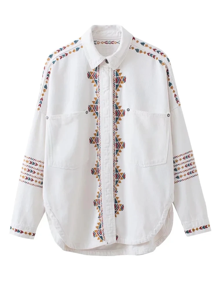 Женская джинсовая рубашка с вышивкой элегантная Свободная блузка в винтажном