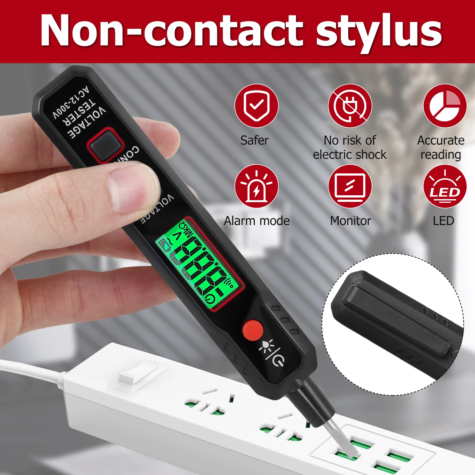 

Voltage Tester AC 12V-300V Non-Contact Voltage Pen Handheld Electric Tester w/ Alarm and LED Flashlight Portable Circuit Tester