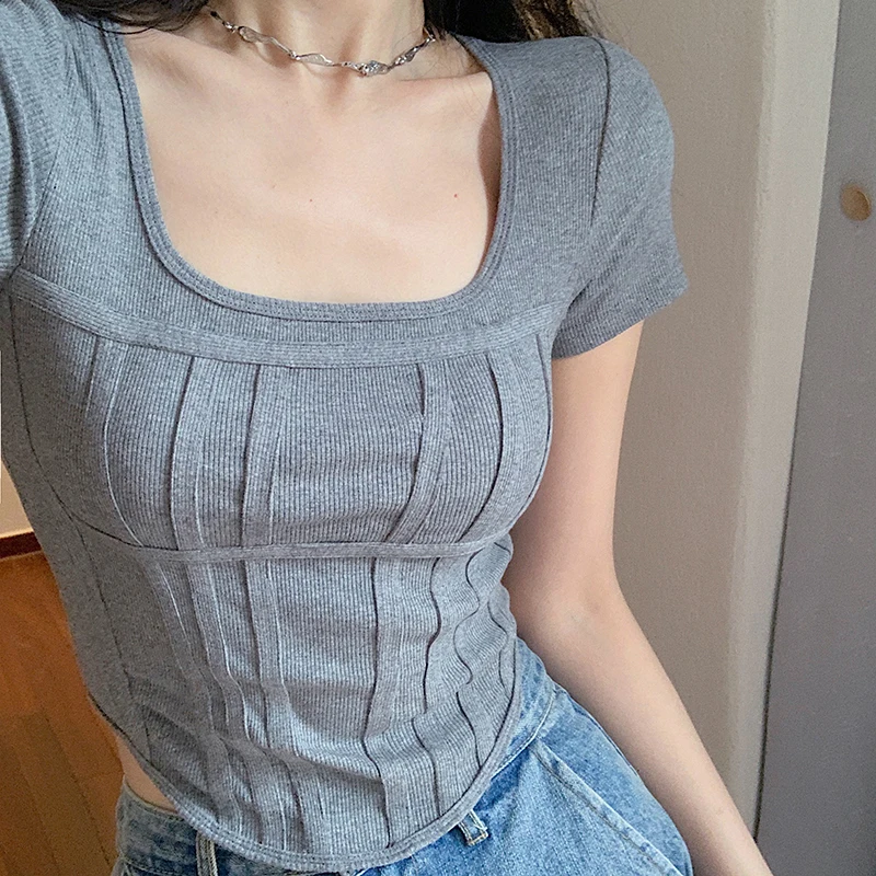 

square collar short sleeve T-shirt woman curved hem slim cropped t shirts crop tops patchwork tees