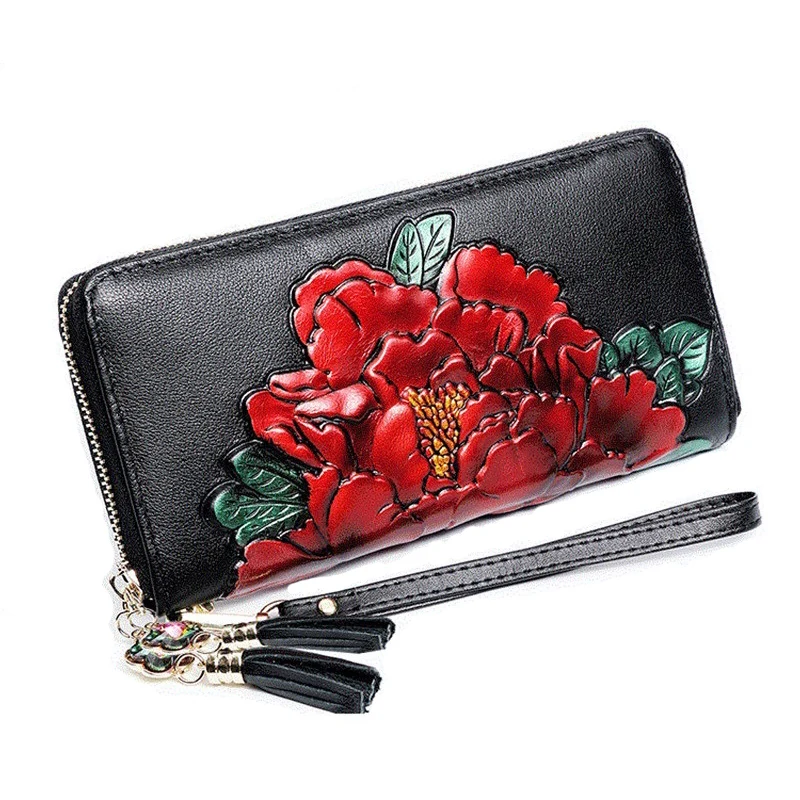 2023 New Genuine Leather Wallet Women Large Capacity Ladies Leather Purse Floral Pattern Female Clutch Phone Bag