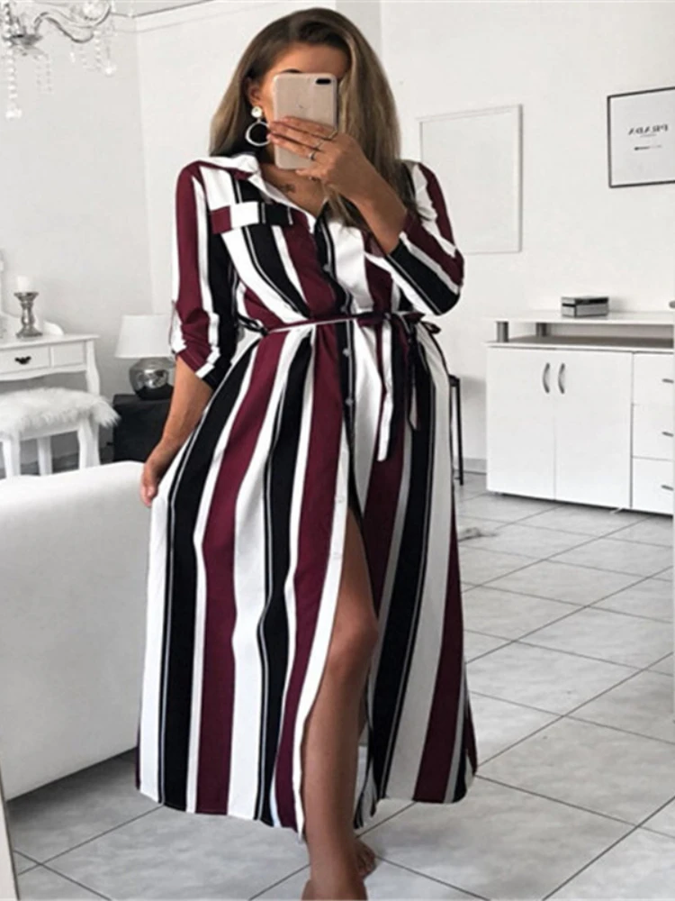 

Dresses for Women 2022 Commuter Fashion Lapel Single Breasted Color Vertical Stripe Lace Up Long Sleeve Shirt Dress for Women