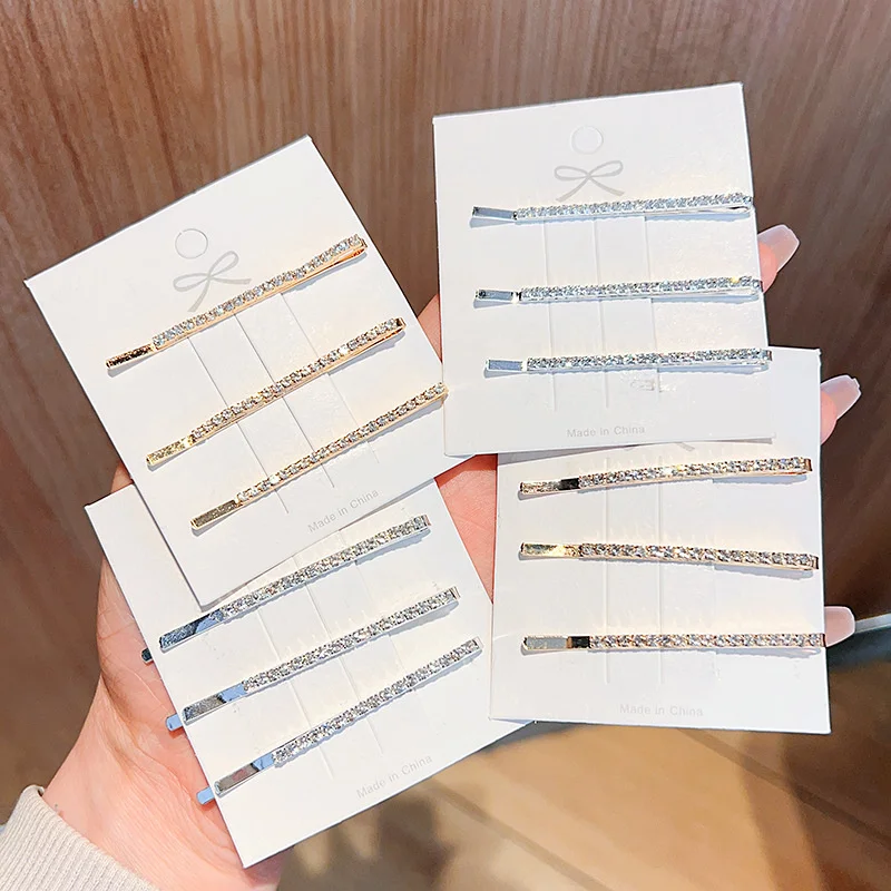 

3PCS Set Korea Rhinestone Simple Elegant One Line Hair Clips For Woman Cute Temperament Hairpin Barrettes Fashion Accessories