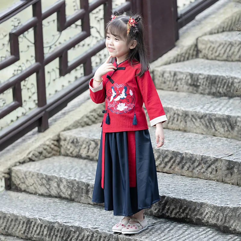 

Для мальчиков и девочек осень Новый китайский стиль ретро красный ханьфу детский винтажный топ на пуговицах платье наборы детских ролевых игр старинный костюм
