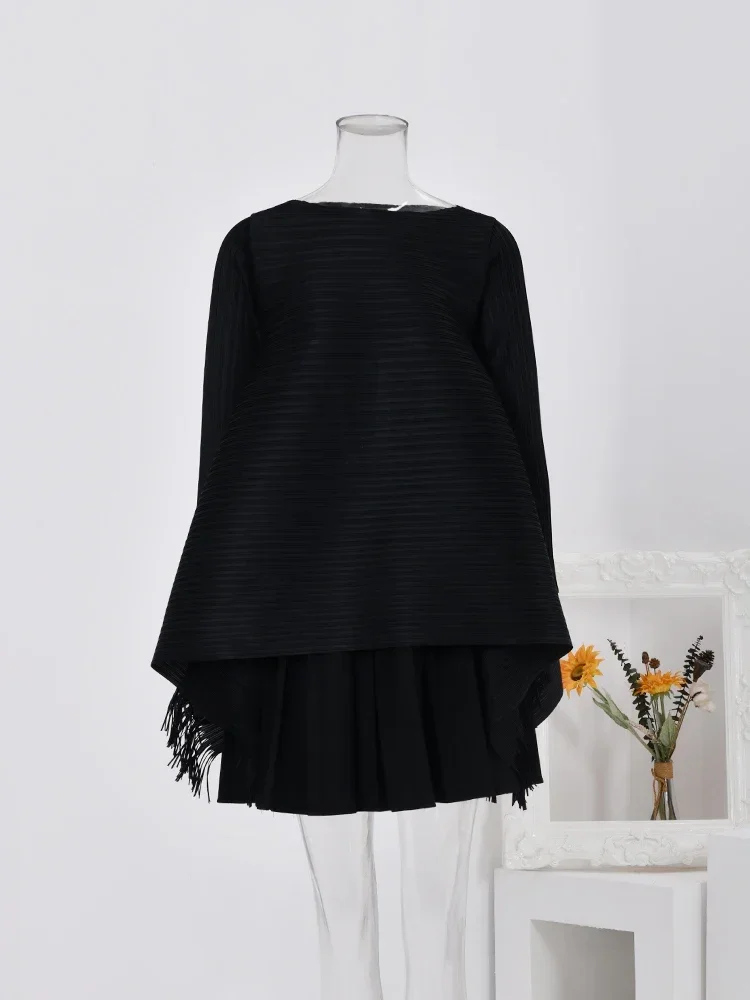 

Miyake Original Irregular Pleated Blouse for Women Round Neck Long Sleeves Tassel Loose Casual Style Female Clothing 2023 New