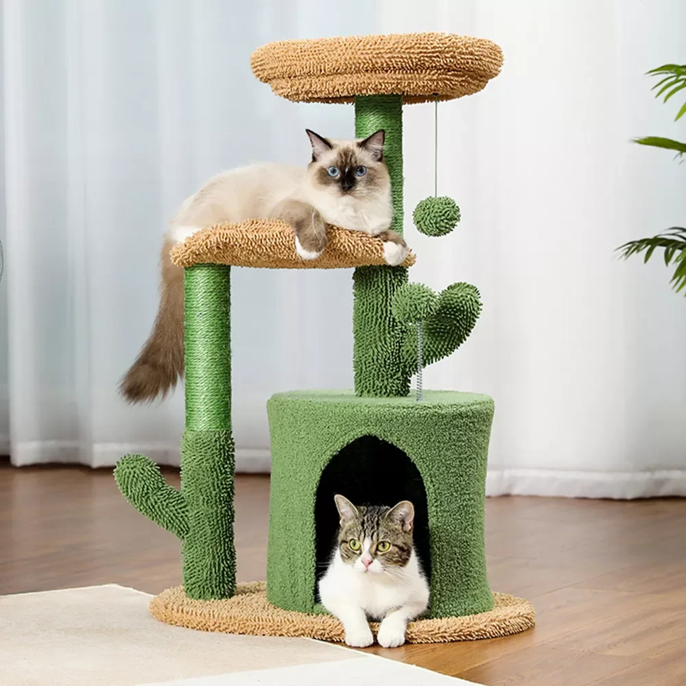Cactus Cat Tree Tower with Sisal Covered Scratching Post Cozy Condo Plush Perches and Fluffy Balls for Indoor Cats 32 Inches