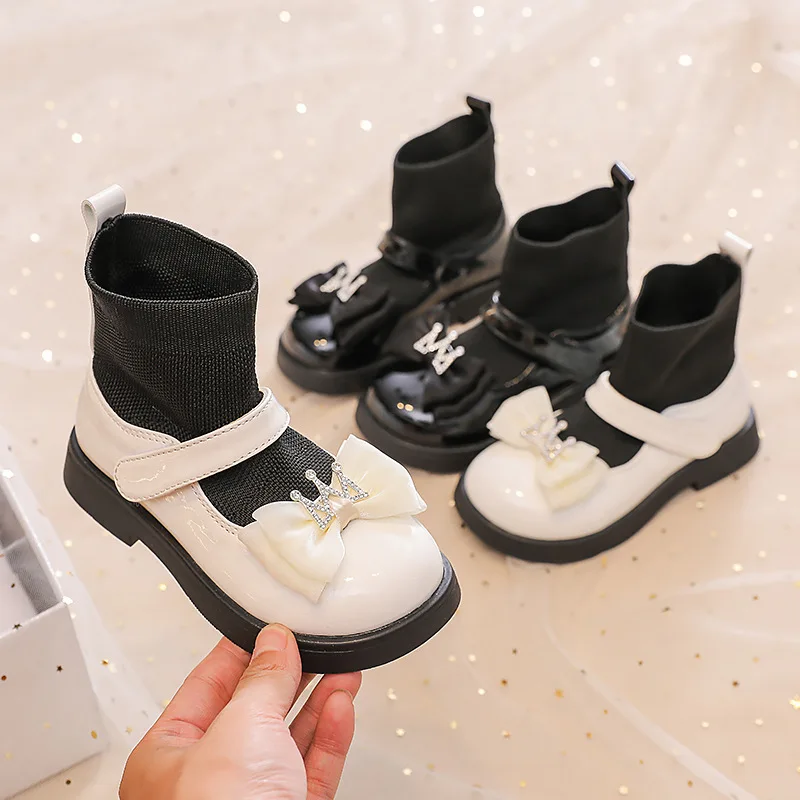 

Girls Sock Boots Shine Crown Kids Leather Boots Spring Autumn Fashion Children Sweet Princess Casual Shoes Loafers Breathable