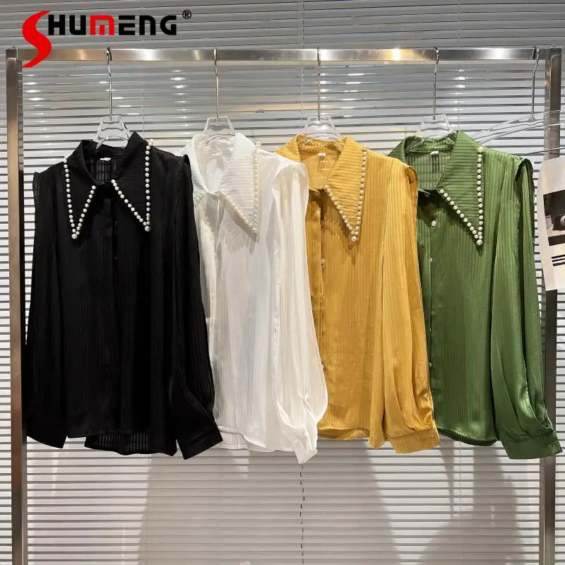 

Long Sleeve Bottoming Shirt 2022 Spring New Pearl Collar Dark Striped Elegant Loose Tops Women's Shoulder Pad Camisas Mujer