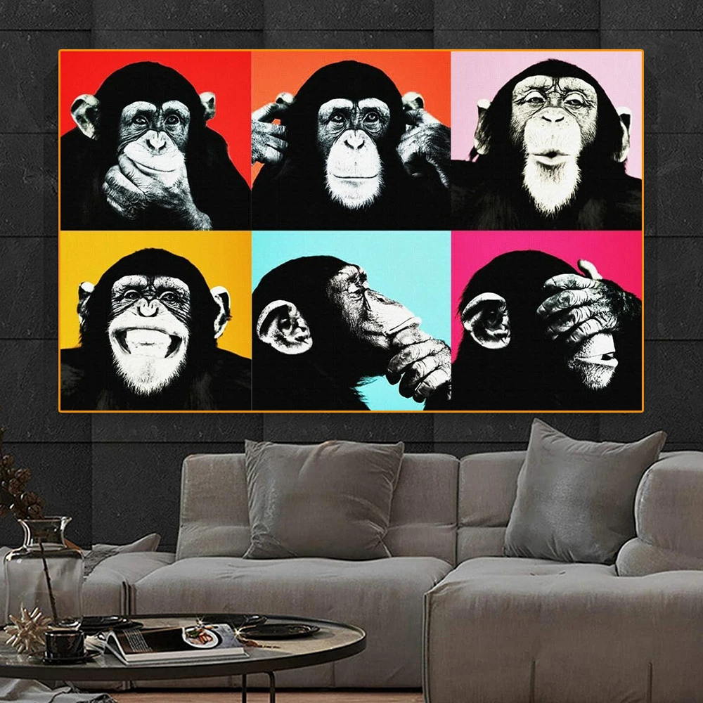 

Забавная живопись, постеры и принты с шестью обезьянами, Настенная живопись на холсте, настенное украшение, картины для детской комнаты, дом...