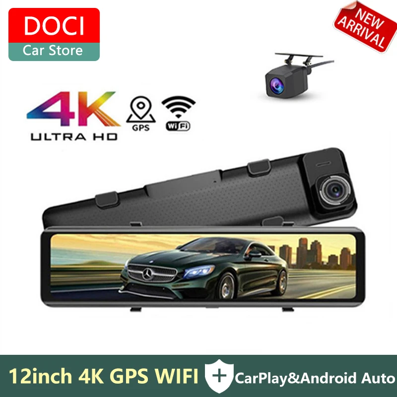 Новинка, видеорегистратор с 12 дюймовым IPS-экраном, 4K, Wi-Fi, GPS, ночным видением, зеркальным экраном, двойной камерой, видеорегистратор 24 часа в р...