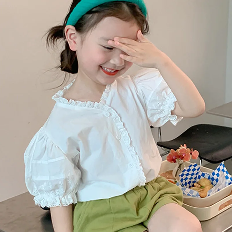 

Белая блузка для девочек, рубашка, летняя кружевная блузка с оборками для девочек, модные топы в Корейском стиле для девочек
