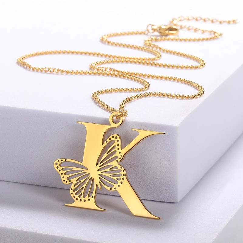 

Free Shipping Dainty Big Butterfly Letters Necklaces For Women Girl Jewelry Stainless Steel Chain Initial Pendant Necklace