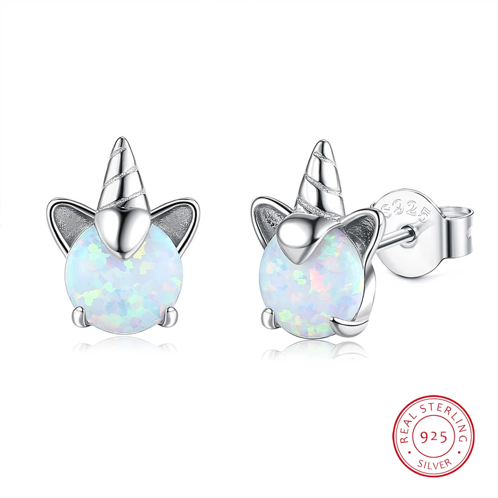 

925 Sterling Silver Rings for Women Shining Opal Unicorn Stud Earring Couple Wedding Anniversary Gift Jewelry