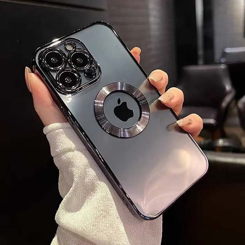 

Luxury Plating Transparent Logo Hole Phone Case For iPhone 14 11 13 12 Pro Max X XS Max 7 8 Plus SE 2020 Silicone Cover funda