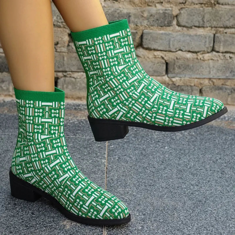 

Winter Trend Women Stretch Knitted Mid-calf Boots Pointed Chunky Mid-calf Boot Print Pull-On Designer Towel Modern Lady Booties