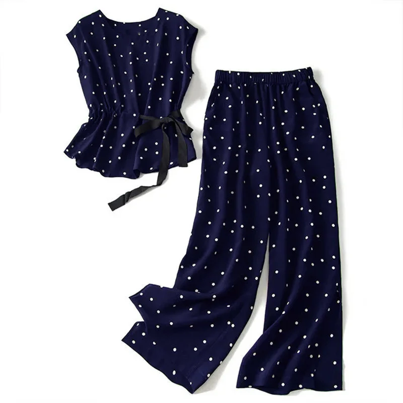 

2022 Summer Chiffon Sets For Women Retro Casual Chiffon Polka Dot Top And High Waist Wide Leg Pants Two-piece Suit 4XL