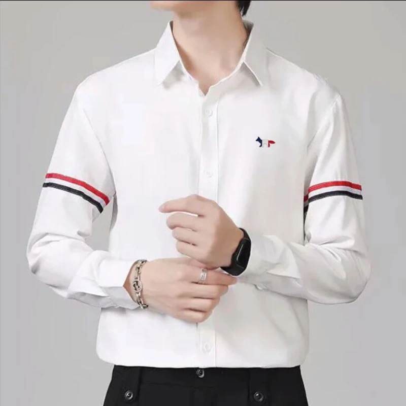 

Spring Summer Men Shirt Luxury Brand Tricolor Fox Embroidery T Shirt Shirt New Male Fashion Casual Long Sleeve Tops Men Clothing
