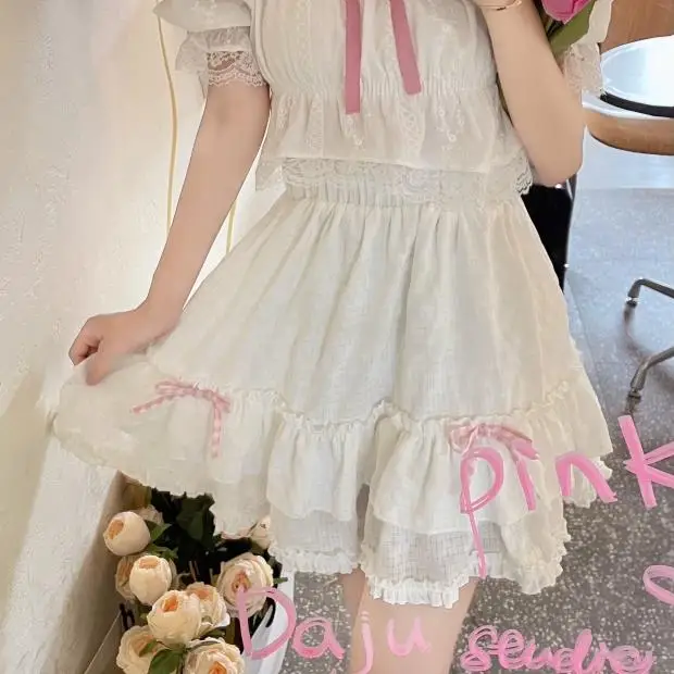 

Korean White Summer Mini Skirts Women Elastic Waist Pleated Double Ruffles Shorts Skirt Sweet Kawaii Y2K Loose Vintage 2022