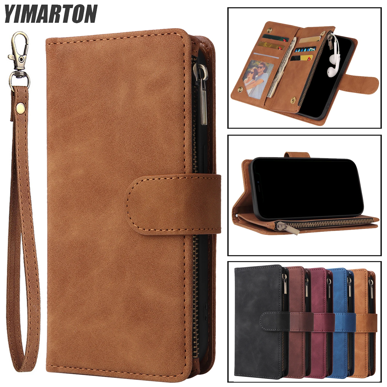 

Leather Wallet Case For OnePlus 9 8 7 7T Pro Zipper Flip Card Slots Phone Bags Strong Magnetic Stand Holder Shock Protect Cover