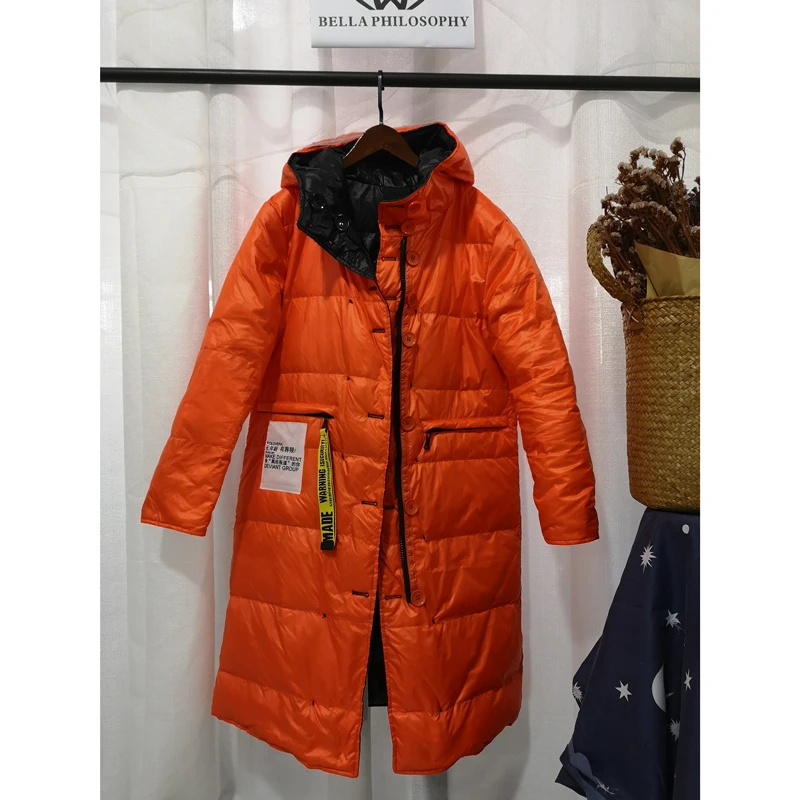 2023 Women Fashion Double Size Winter Warm Down Coat Lady Long 90% White Down Jacket Female Red Hooded Outwear