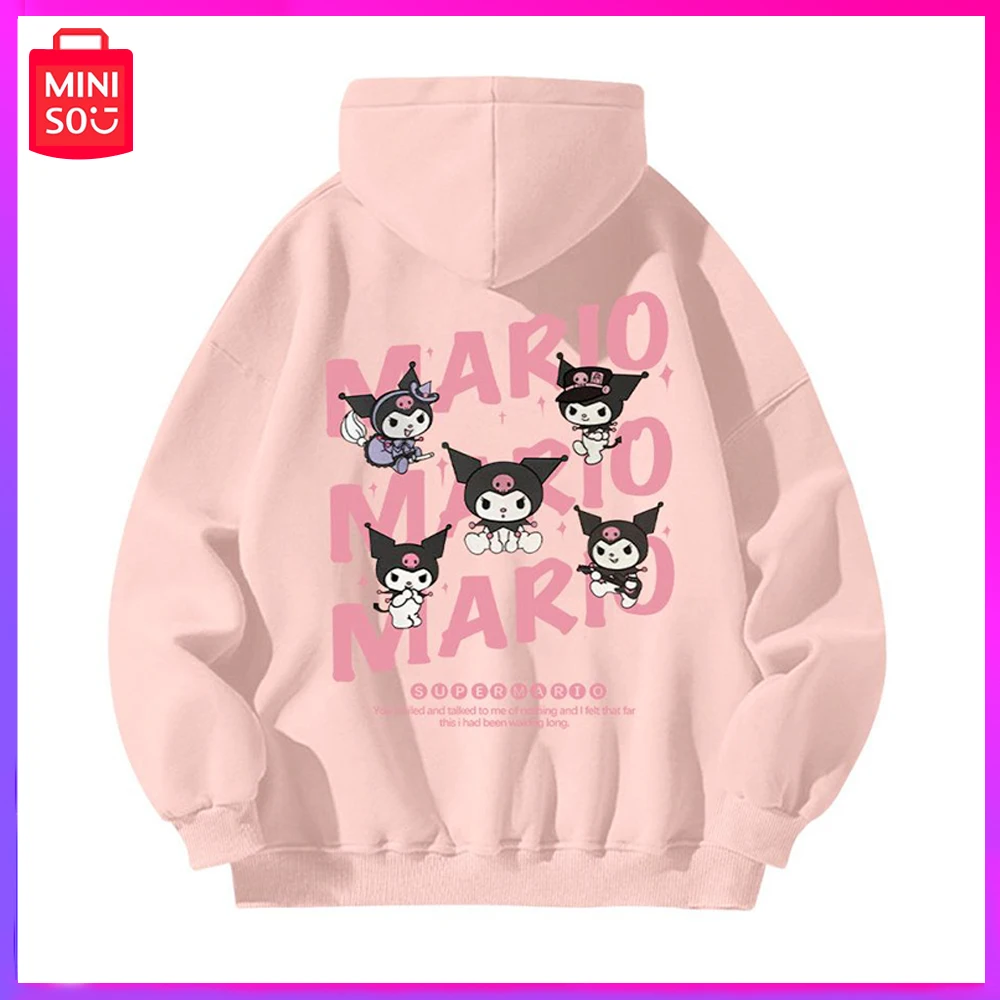 

Miniso Sanrio Kuromi New Autumn Winter Couple Small Fashion Printed Thick Silver Fox Wool Warm Hoodie Pink Christmas Girl Gift