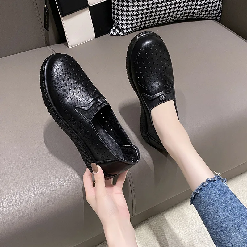 Summer Hollow Shoes for Woman Breathable Ladies Flat Shoes Casual Loafers Women's Flats Holes Shoes Female Slip On Leather Shoes