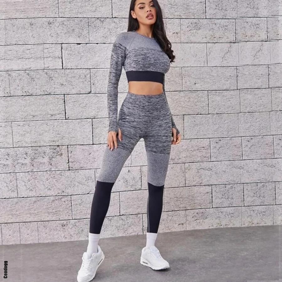 

2022, бесшовные укороченные топы с длинным рукавом, комплект для йоги и фитнеса, спортивный бюстгальтер, леггинсы с высокой талией, Женский ко...