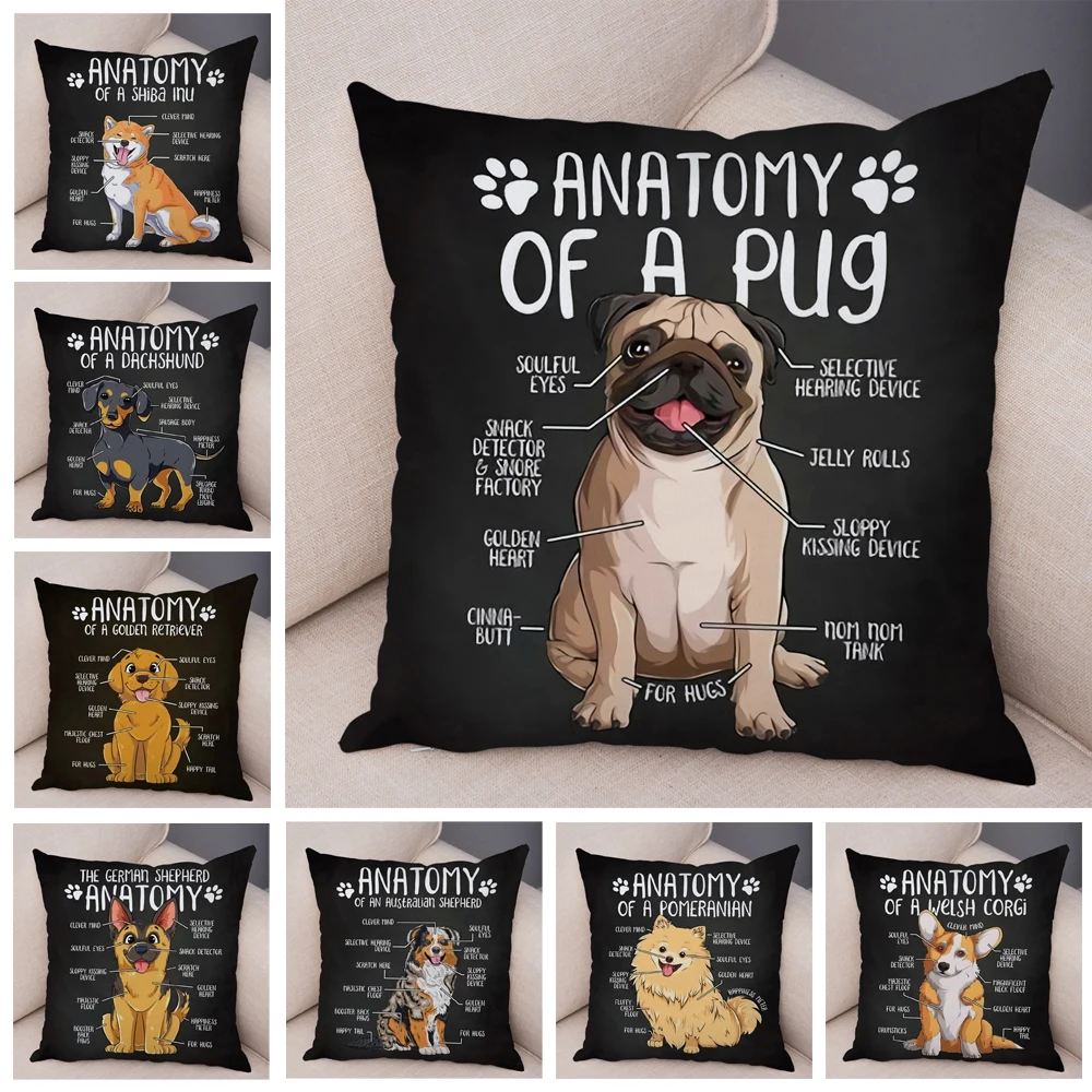 Cute Anatomy Dog Corgi Bulldog Cushion Cover Decor Cartoon Pet Animal Pillow Case for Sofa Home Both Sided Soft Plush Pillowcase