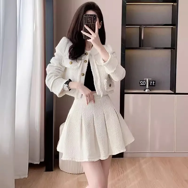 

New Fall Winter Korean Fashion Small Fragrance Wind Tweed Long Sleeve Tassel Jacket Coat+High Waist Pleated Skirt Two Piece Set