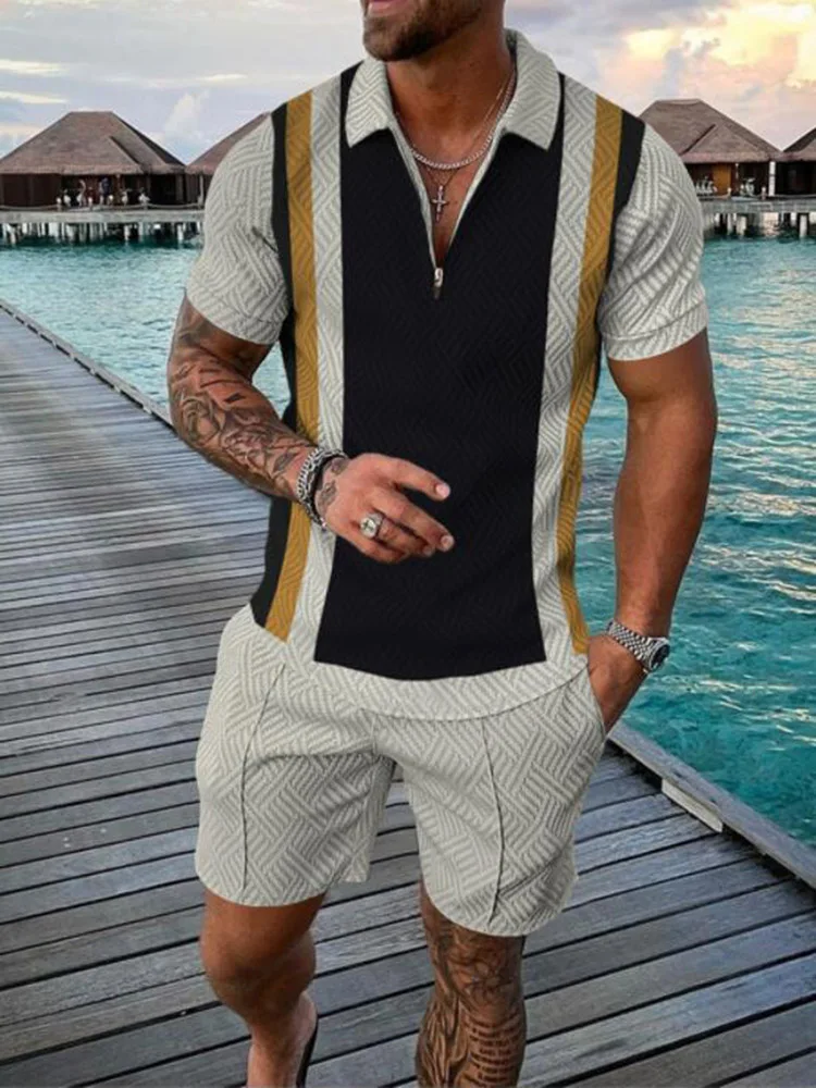 

2023 European and American Men's Summer New Polo Shirt Suit Street Fashion Zipper Short-Sleeved T-Shirt Shorts Two-Piece Set