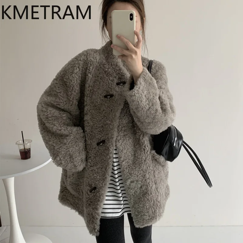 Фото Пальто KMETRAM из 100% шерсти, с воротником-стойкой, средней длины, из овчины, 80 см, свободного кроя, зимняя верхняя одежда, женская одежда 2026, куртка №4