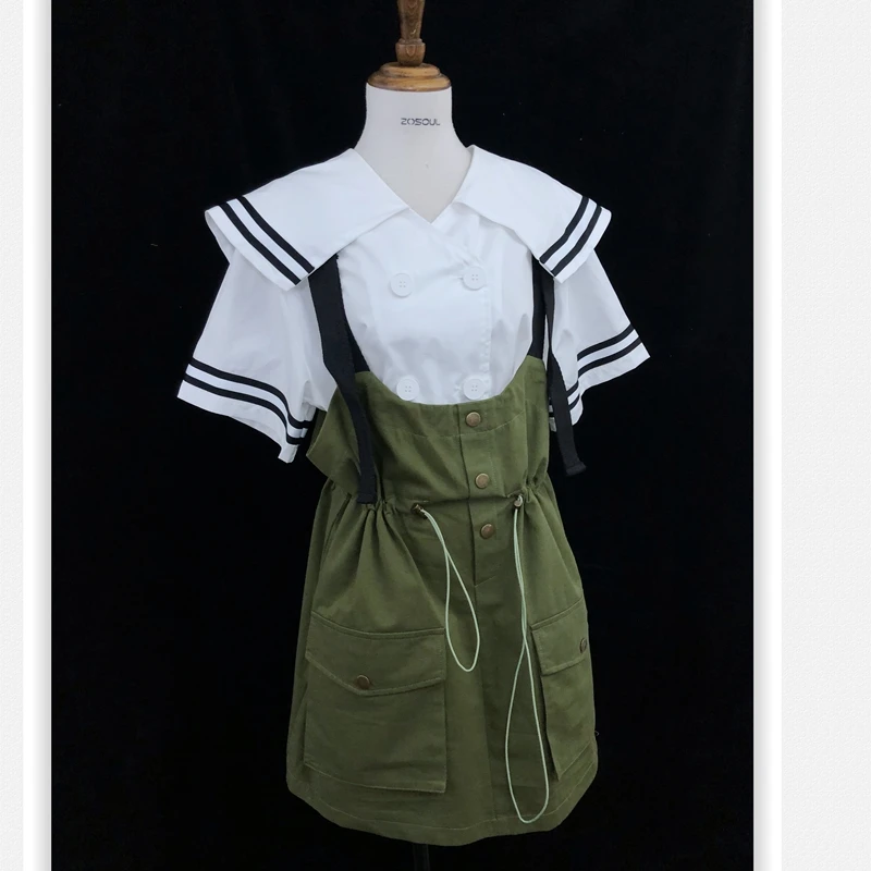 

Japanese School Uniform Suspender Skirt Student Student Navy Costume Cute Women JK Suit Sailor Blouse Pleated Skirt Set