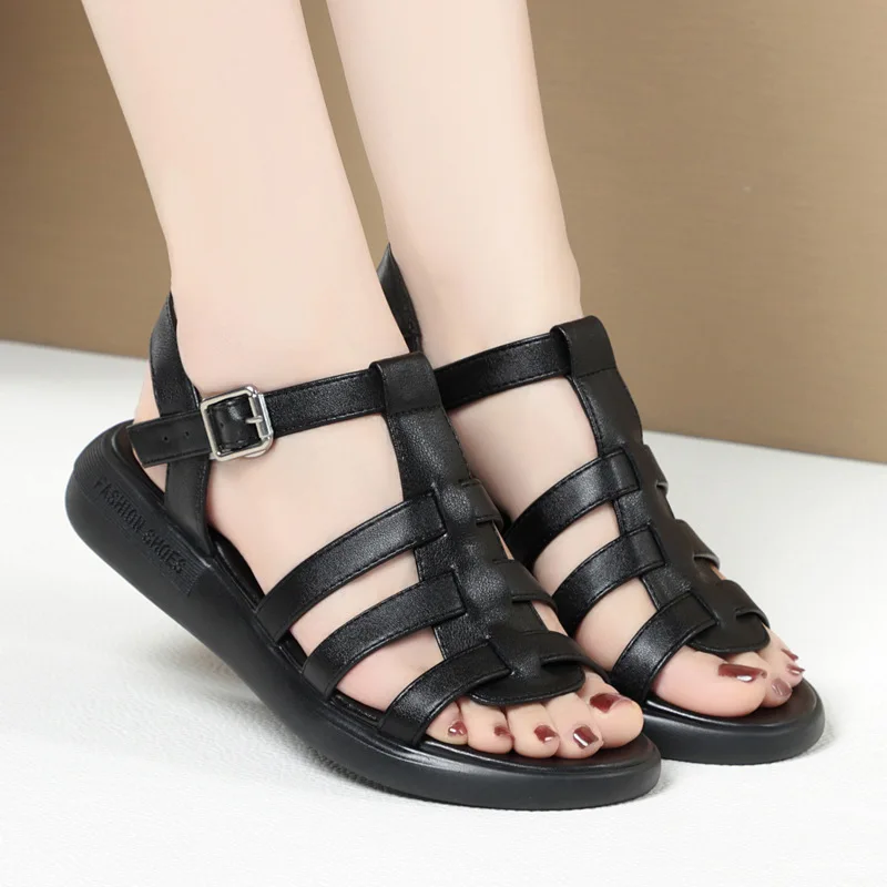 Women's Sandals Genuine Leather 2023 New Flat Roman Sandals Women's Versatile Large Size 41, 42 Sandals Designer Sandals  Shoes