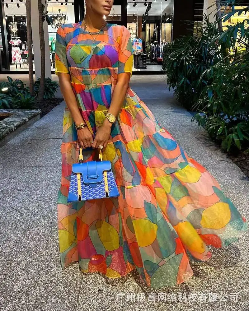 

Женское платье макси с коротким рукавом, Длинное свободное платье с круглым вырезом и цветочным принтом, платье до щиколотки с высокой талией, весна-лето